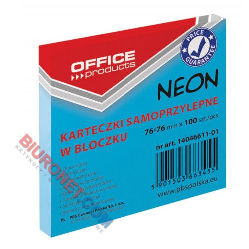 Karteczki samoprzylepne Office Products 76x76 mm, neonowy bloczek 100 kartek niebieski