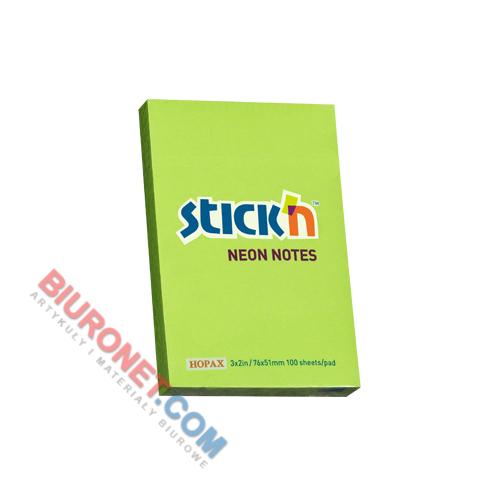 Karteczki samoprzylepne Stick'N 51x76mm, bloczek 100 kartek, kolory neonowe zielony