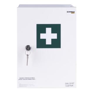 Apteczka ścienna Donau SAFETY, aluminiowa szafka z wyposażeniem, biała 30 x 22 x 12 cm