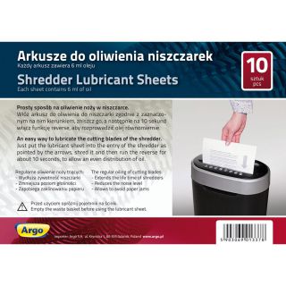 Arkusze Argo, do oliwienia ostrzy niszczarek 10 arkuszy