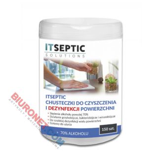 Chusteczki do dezynfekcji powierzchni ITSEPTIC, z alkoholem 70%, listki 12x24 cm, tuba 150 sztuk