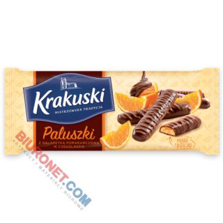 Ciastka Krakuski Paluszki, kruche ciasteczka w czekoladzie deserowej, 144g pomarańczowe