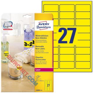 Etykiety kolorowe AVERY Zweckform, usuwalne, papierowe z zaokrąglonymi rogami, neonowe żółte, 25 arkuszy A4 63,5 x 29,6 mm