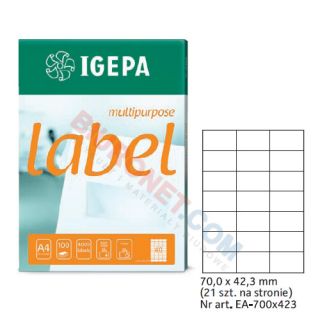 Etykiety uniwersalne Igepa, papierowe, 100 arkuszy A4 70 x 42,3 mm
