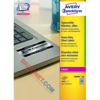 Etykiety znamionowe Avery Zweckform, srebrne poliestrowe, 100 arkuszy A4 45,7 x 21,2 mm