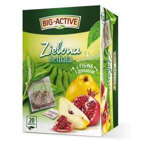 Herbata zielona Big-Active Pigwa i Granat, z dodatkiem owoców, aromatyzowana, torebki w kopertach 20 torebek