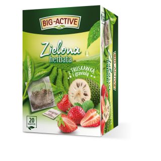 Herbata zielona Big-Active Truskawka i Graviola, z dodatkiem owoców, aromatyzowana, torebki w kopertach 20 torebek