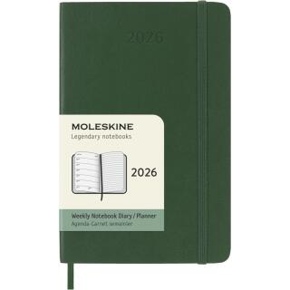 Kalendarz książkowy Moleskine 2026, format P 9x14 cm, rozkład tygodniowy, oprawa miękka zielony