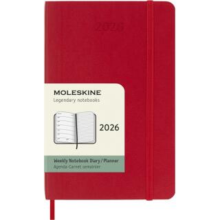 Kalendarz książkowy Moleskine 2026, format P 9x14 cm, rozkład tygodniowy, oprawa miękka czerwony
