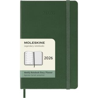Kalendarz książkowy Moleskine 2026, format P 9x14 cm, rozkład tygodniowy, oprawa twarda zielony