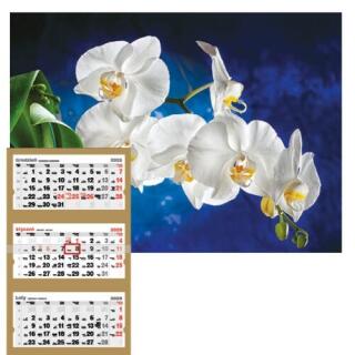 Kalendarz trójdzielny 2026 motyw Orchidea, wiszący z widokiem na 3 miesiące złote tło