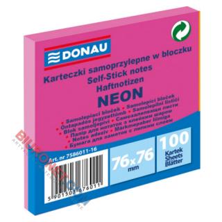 Karteczki samoprzylepne Donau 76x76 mm, bloczek 100 kartek, neonowe różowy