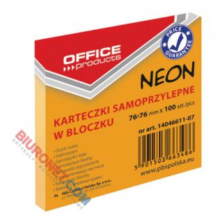 Karteczki samoprzylepne Office Products 76x76 mm, neonowy bloczek 100 kartek pomarańczowy