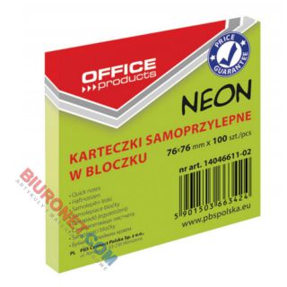 Karteczki samoprzylepne Office Products 76x76 mm, neonowy bloczek 100 kartek zielony