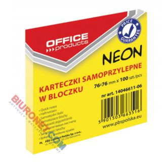 Karteczki samoprzylepne Office Products 76x76 mm, neonowy bloczek 100 kartek żółty