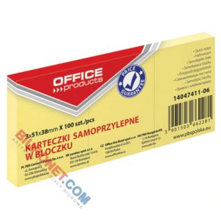 Karteczki samoprzylepne Office Products, bloczek 100 kartek, kolor żółty 38 x 51 mm