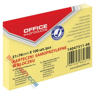 Karteczki samoprzylepne Office Products, bloczek 100 kartek, kolor żółty 51 x 76 mm