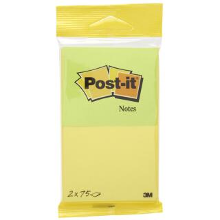 Karteczki samoprzylepne Post-it 76 x 63,5 mm, 2 kolory bloczków, w blistrze 2 x 75 kartek