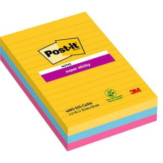 Karteczki samoprzylepne Post-it Super Sticky 102 x 152 mm, kolekcja Carnival, 3 kolory bloczków w linie 3 x 90 kartek