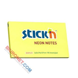 Karteczki samoprzylepne Stick'N 127x76mm, bloczek 100 kartek, kolor neonowy żółty