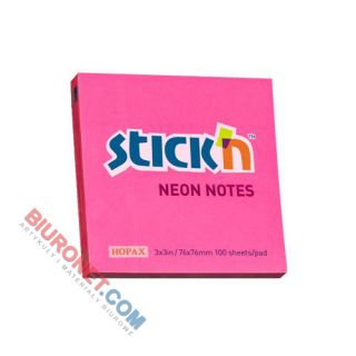 Karteczki samoprzylepne Stick'N 76x76mm, bloczek 100 kartek, kolor neonowy ciemnoróżowy