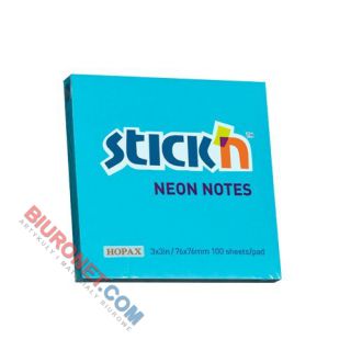 Karteczki samoprzylepne Stick'N 76x76mm, bloczek 100 kartek, kolor neonowy niebieski