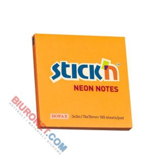 Karteczki samoprzylepne Stick'N 76x76mm, bloczek 100 kartek, kolor neonowy pomarańczowy