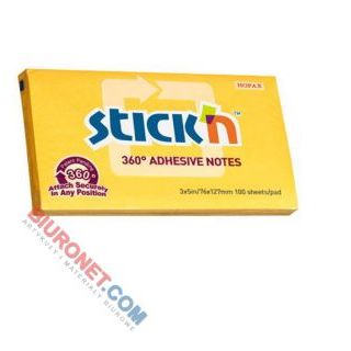 Karteczki samoprzylepne Stick'n z klejem 360 stopni 76x127 mm, bloczek 100 kartek ciemnożółty