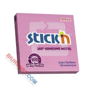 Karteczki samoprzylepne Stick'n z klejem 360 stopni 76x76 mm, bloczek 100 kartek różowy