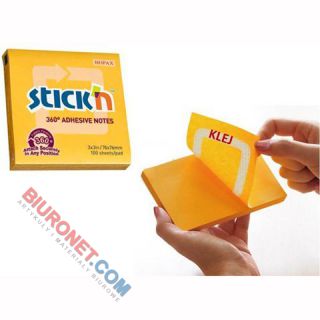Karteczki samoprzylepne Stick'n z klejem 360 stopni 76x76 mm, bloczek 100 kartek ciemny żółty