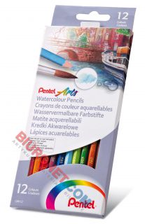 Kredki akwarelowe Pentel Arts, ołówkowe do rozmywania wodą 12 kolorów