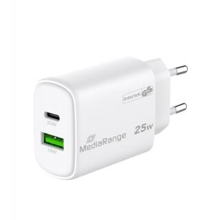 Ładowarka sieciowa MediaRange USB-C i USB-A, szybki adapter 25W biała