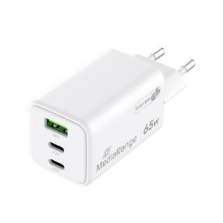 Ładowarka sieciowa MediaRange USB-C x 2 i USB-A, szybki adapter 65W biała