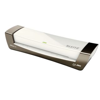 Laminator Leitz iLam Office A4, w srebrnej obudowie, idealny do małego biura szary