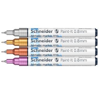 Markery akrylowe Schneider Paint-It Metallic 0,8 mm, 4 metaliczne kolory w etui srebrny, złoty, miedziany, fioletowy