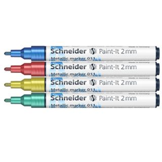 Markery akrylowe Schneider Paint-It Metallic 2 mm, 4 metaliczne kolory w etui niebieski, czerowny, żółty, zielony