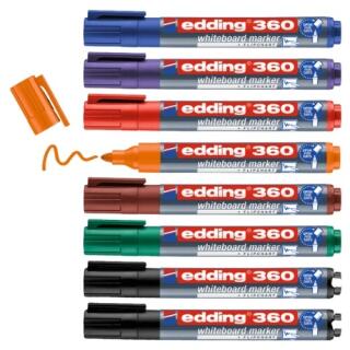 Markery suchościeralne Edding E-360, do białych tablic, okrągła końcówka 1,5-3 mm, kartonik 8 kolorów