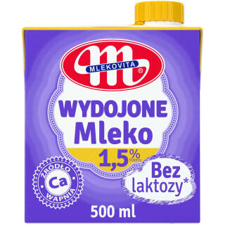 Mlekovita Wydojone bez laktozy 1,5% 0,5L, mleko UHT w kartonie 1 sztuka