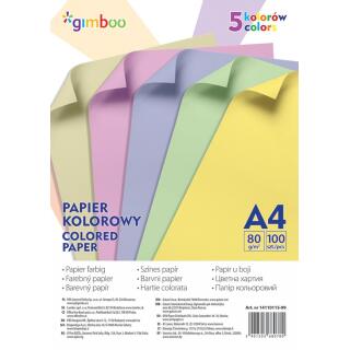 Papier kolorowy Gimboo A4/80g, 100 arkuszy, miks kolorów pastelowych 5 kolorów