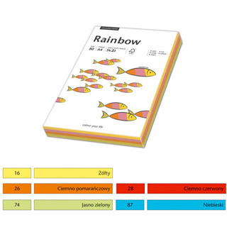 Papier kolorowy Rainbow, mix 5 kolorów, format A4, gramatura 80g/m2, 100 arkuszy mix intensywny