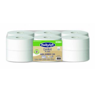 Papier toaletowy BulkySoft Comfort DE-inked Mini Jumbo, biały papier celulozowy z recyklingu, 2-warstwowy, do podajników 12 rolek x 120 m