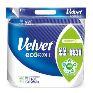 Papier toaletowy Velvet Ecoroll delikatnie biały 3-warstwowy, biały papier celulozowy, do podajników 4 rolki x 300 listków