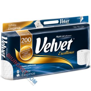 Papier toaletowy Velvet Excellence Biała Elegancja, standardowy biały papier celulozowy, 3-warstwowy 8 rolek x 200 listków