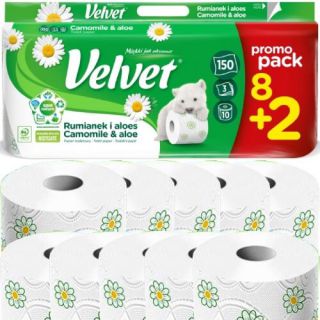 Papier toaletowy Velvet Rumianek i Aloes, standardowy biały papier celulozowy, 3-warstwowy  8 + 2 rolki