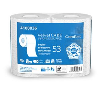 Papier toaletowy VelvetCARE Professional Comfort, standardowy biały papier celulozowy, 2-warstwowy
 4 rolki x 486 listków