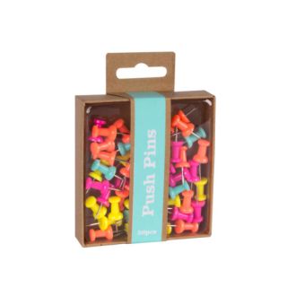 Pinezki do tablic korkowych APLI Fluor Collection, kolorowe beczułki tablicowe w plastikowym pudełku 50 sztuk