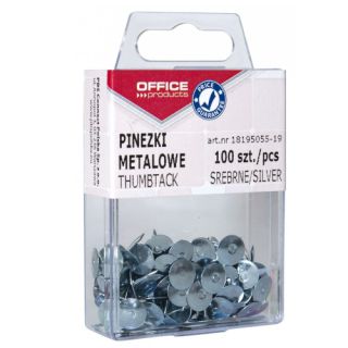 Pinezki płaskie Office Products, metalowe srebrne, w plastikowym pudełku 100 sztuk