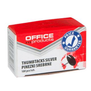 Pinezki płaskie Office Products, średnica 8mm, metalowe srebrne w kartonowym pudełku 100 sztuk