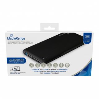 Powerbank MediaRange 3 x USB i 1 USB C, kompaktowy i lekki 25000mAh