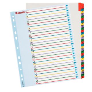 Przekładki numeryczne Esselte Mylar A4, kartonowe laminowane, kolorowe 1 - 31